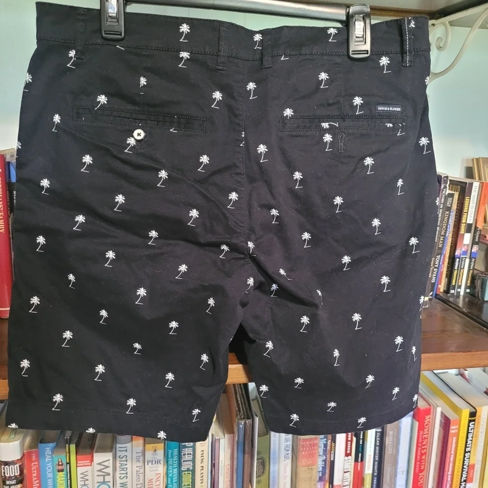Denim & Flower Black Shorts with White Palm Tree Print